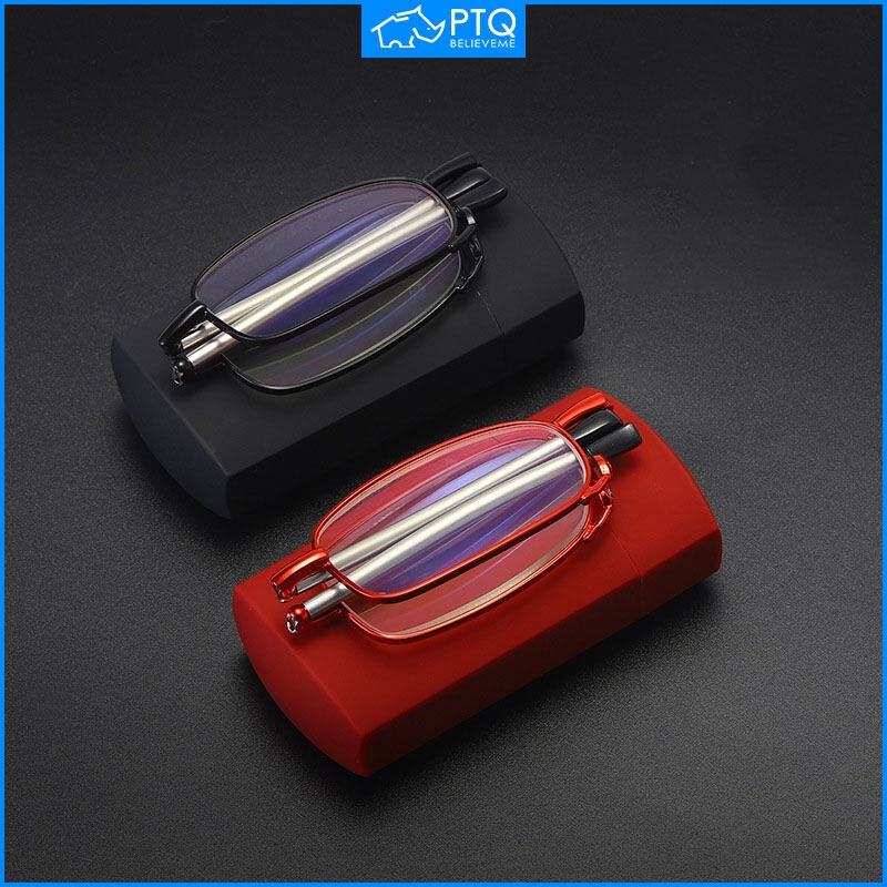 Ptq แว่นตาอ่านหนังสือ พับได้ ป้องกันแสงสีฟ้า พร้อมกระเป๋าซิป พับได้ สําหรับผู้หญิง ผู้ชาย แว่นตาอ่านหนังสือ ขนาดเล็ก พับเก็บได้ อุณหภูมิพับเก็บได้