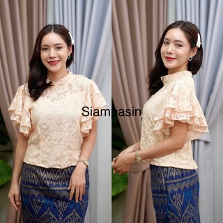 Siampasin🌸 เสื้อลูกไม้ ผ้านุ่มใส่สวยสบาย อก S M L XL XXL สีครีม ครอปเอวเข้ารูป แขนพวง 2 ชั้น Blouse