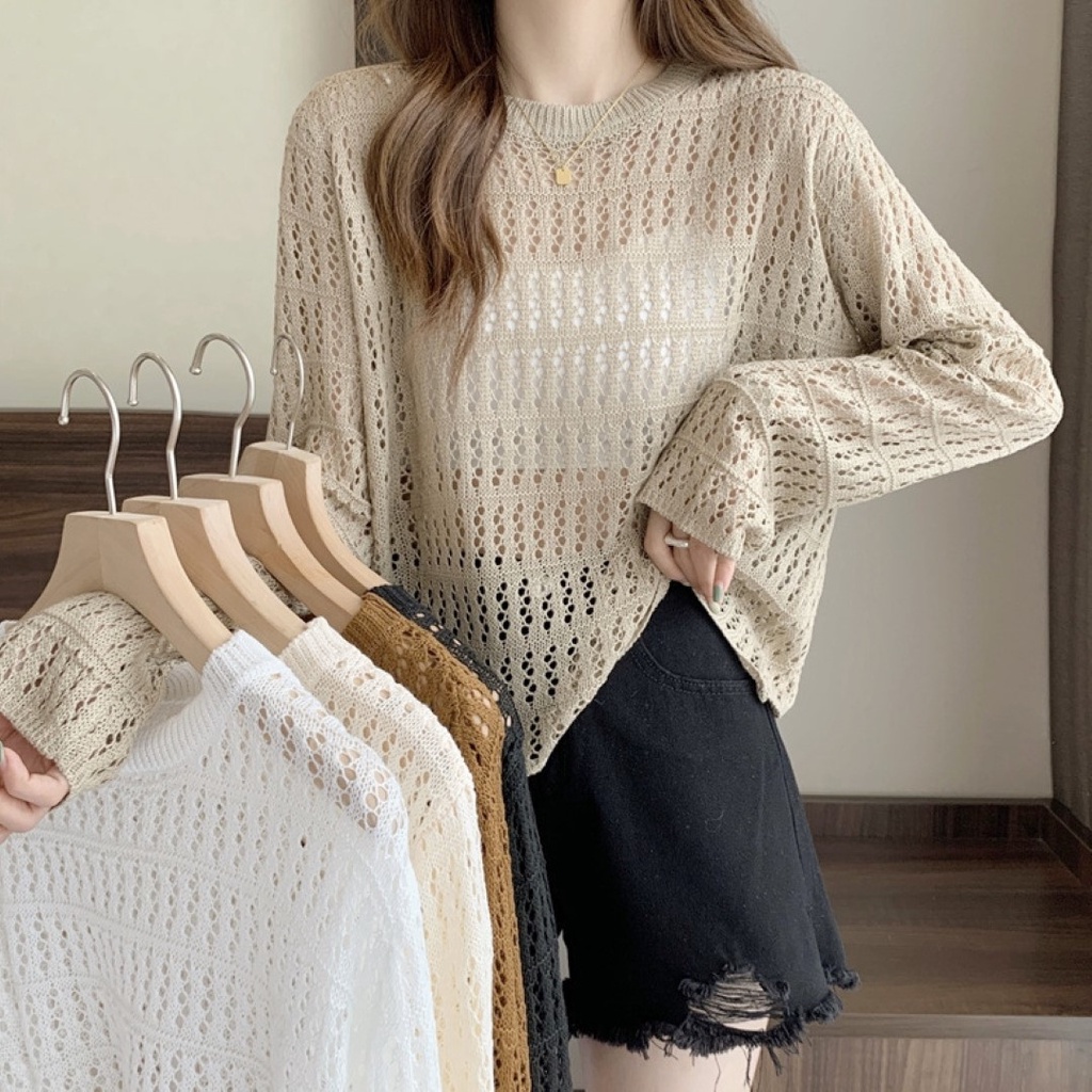 F1 ส่งไว เสื้อไหมพรมถักฉลุแขนยาว แบบสวม ผ้าบางเบา 5 สี