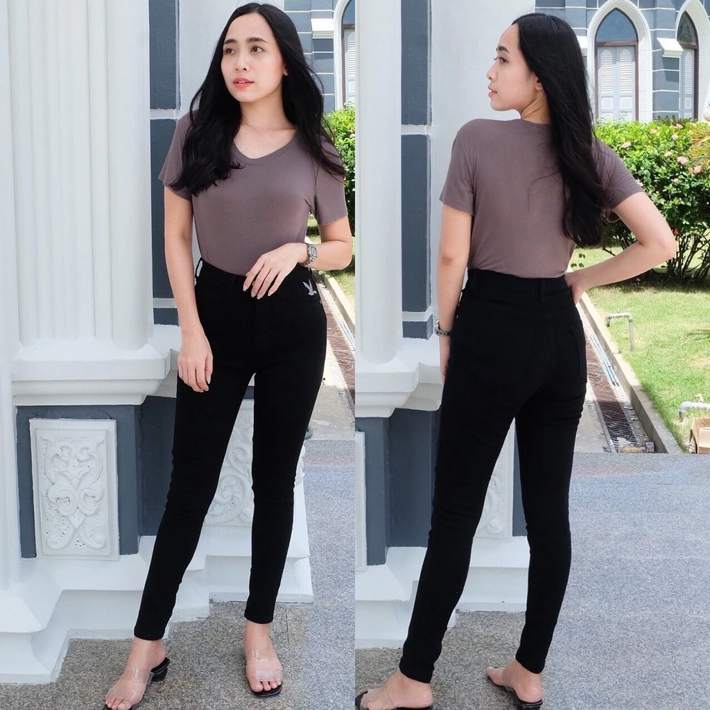 Cc jeans 156 S-5XL กางเกงยีนส์ผู้หญิง เอวสูง ทรงเดฟ ปักนก สีดำ กางเกงผู้หญิง
