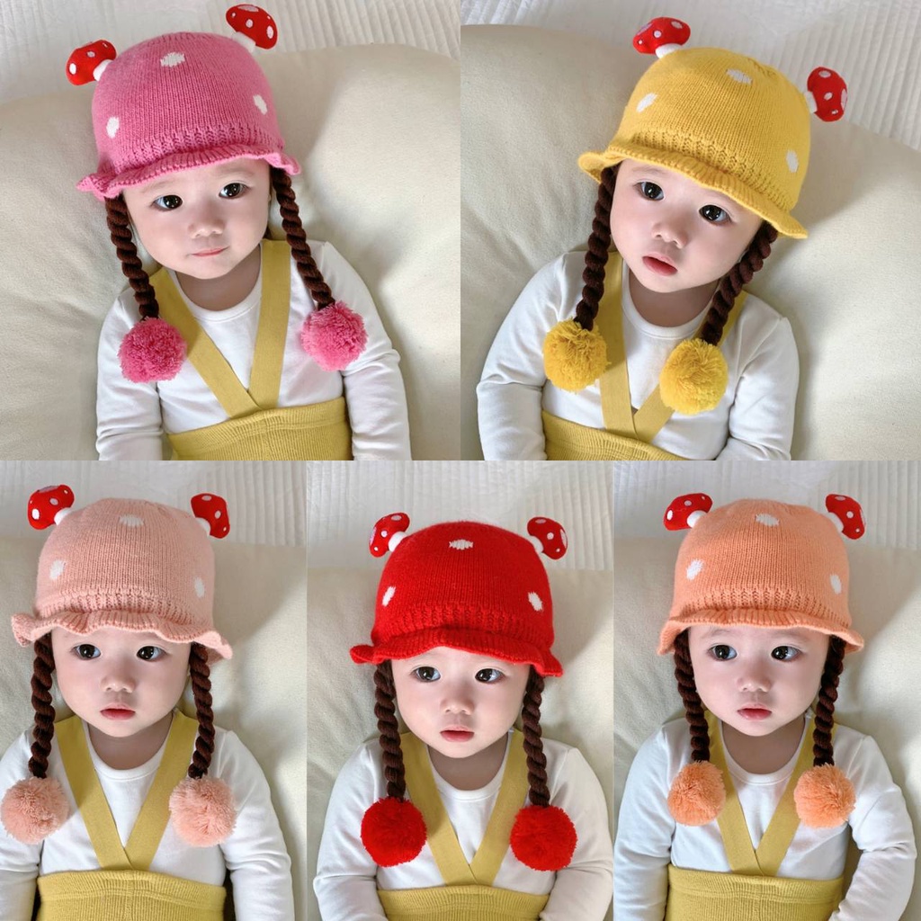 [พร้อมส่ง] หมวกไหมพรมเด็ก 2เดือน-2ปี รอบหัว:40-50 cm. หมวกไหมพรมเปีย ขอบระบาย แต่งปอมๆ ติดดอกเห็ด 🍄 หมวกแฟชั่นเด็ก