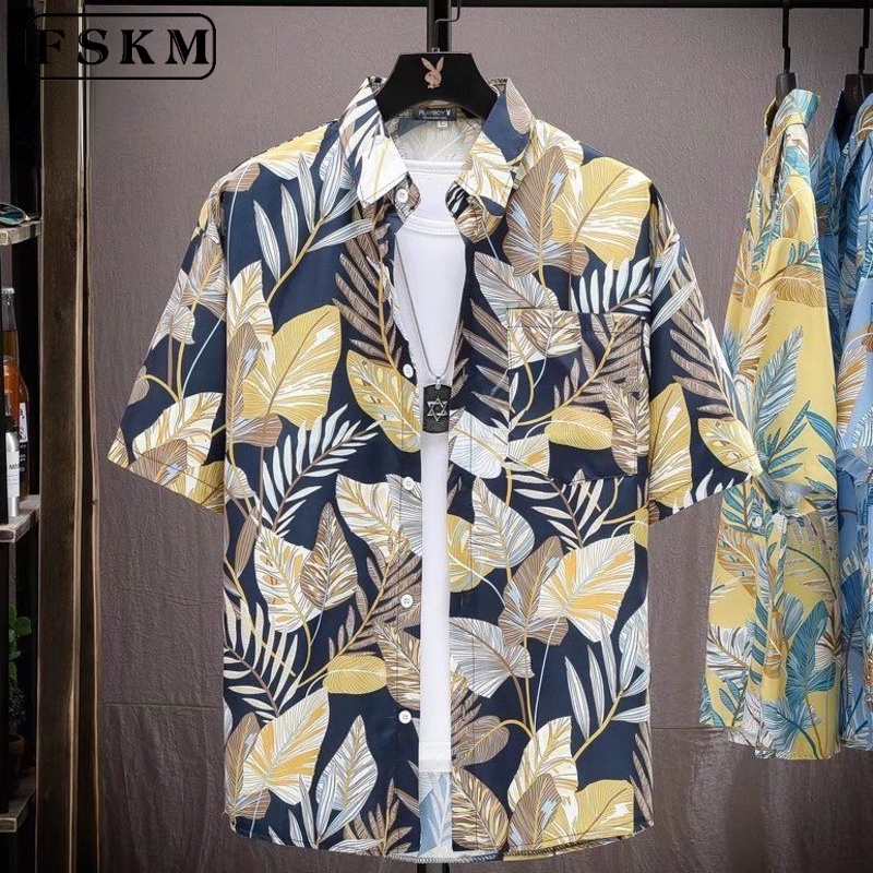 เสื้อเชิ้ตผู้ชาย ทรงหลวม ลายดอกไม้ แฟชั่นฤดูร้อน สไตล์วินเทจ สําหรับผู้ชาย เสื้อฮาวายชาย
