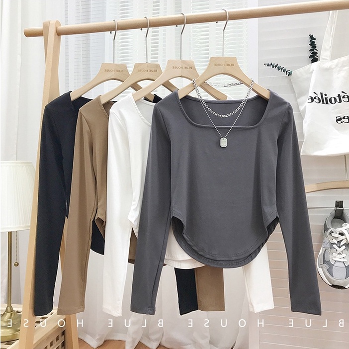 Fdg ฯลฯ เสื้อยืดแขนยาวคอเหลี่ยมสีสันสดใสแฟชั่นสําหรับผู้หญิง