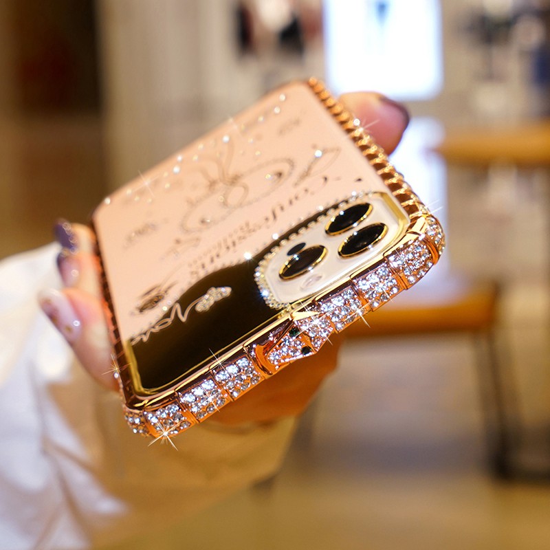 สําหรับiphone 11 12 13 14 15 16 Pro Max X XR XS MaxกรณีBlingเพชรกันชนGlitter RhinestoneงูInlayกรอบโลหะกระจกแต่งหน้าปกหลัง