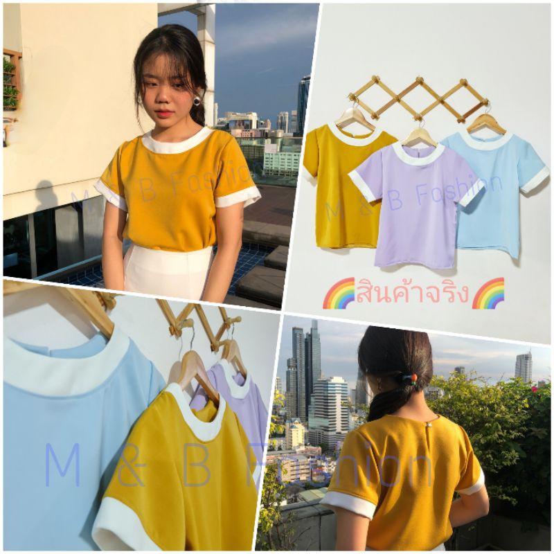 ⭐เสื้อฮานาโกะคอกลมแต่งแถบขาวเสื้อทำงานแฟชั่น❌แจ้งสีทางแชท❌