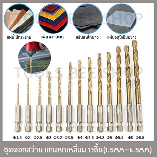 ชุดดอกสว่านสวมเร็วเคลือบไทเทเนียม 13 ชิ้น ขนาด1.5-6.5mm เจาะไม้ พลาสติก อลูมิเนียม งานเหล็ก ดอกสว่าน ดอกเจาะ