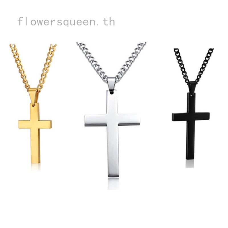 flowersqueen จี้สร้อยคอผู้ชาย unisex สายโซ่รูปไม้กางเขนสแตนเลสสีเงิน