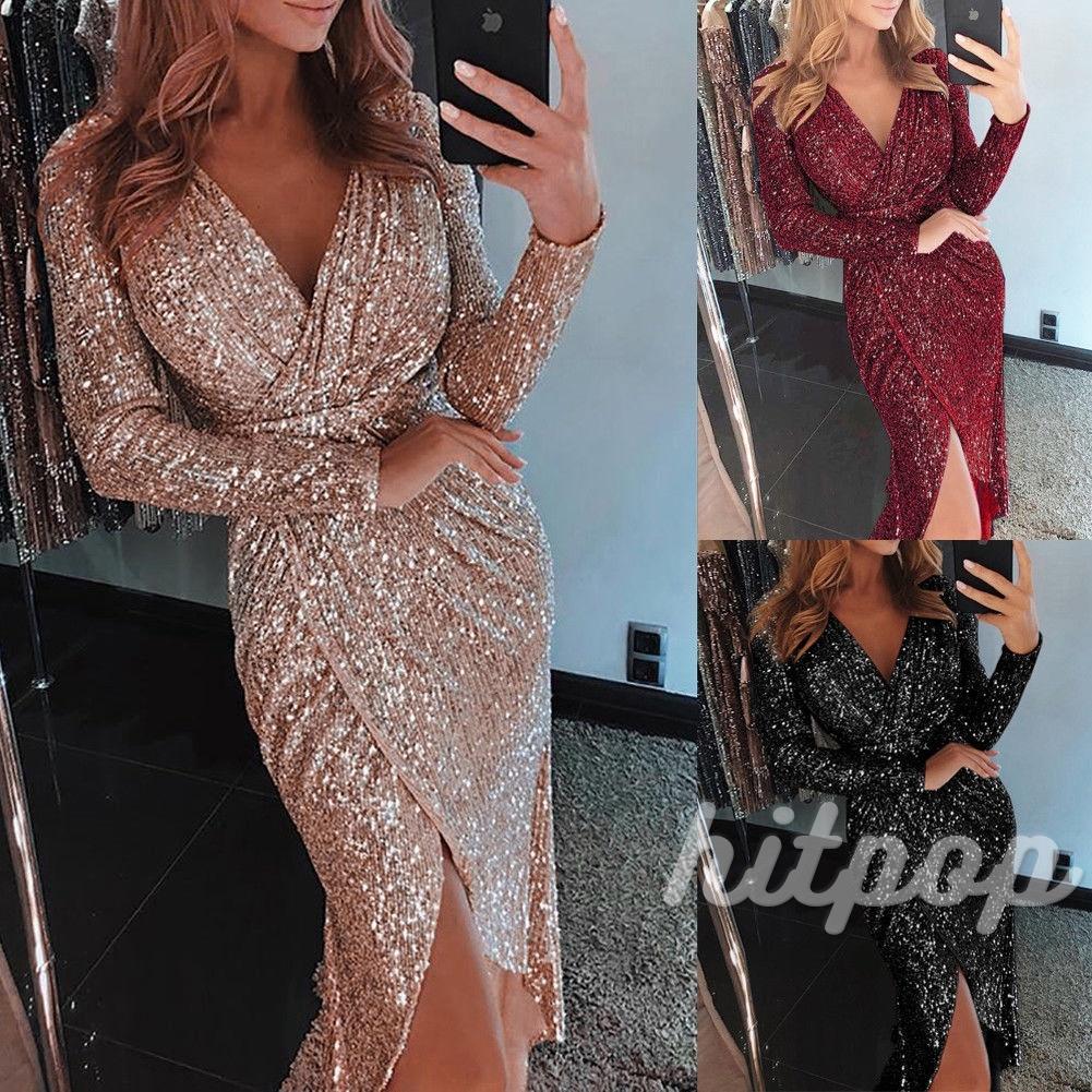 Women Dress Sequin Deep V-Neck Long Sleeve High Split Waist Design Slim Dress