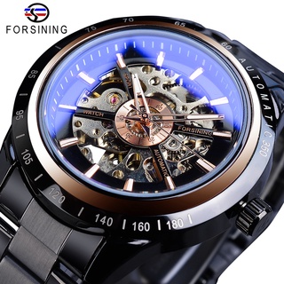 Forsining Brand Steampunk Automatic Watch Men Casual Mechanical Transparent Skeleton Watches Black Steel Band Clock Drop