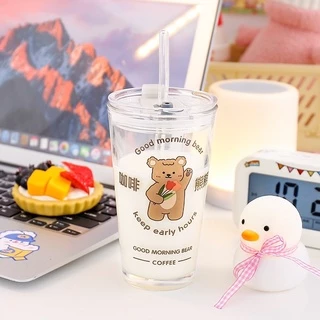 Creative Lifes Shop-แก้ว 💗แก้วน้ำน่ารัก/ถ้วยนมลายหมีน่ารัก 💗 ความจุ 450ml แถมหลอดและฝาปิด!