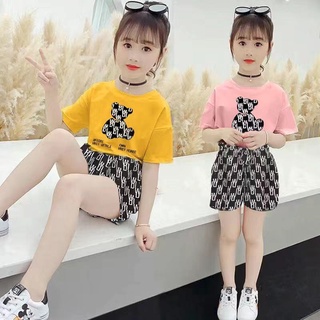 【พร้อมส่ง】ชุดเสื้อผ้าเด็กผู้หญิง สไตล์เกาหลี เสื้อยืดแขนสั้น กางเกงขาสั้น IXLB