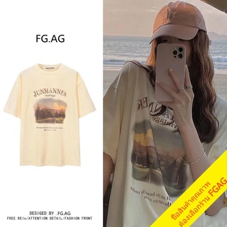 เสื้อยืดแขนสั้นทรงหลวมสไตล์เกาหลี oversize เสื้อยืดสาวอวบเสื้อโอเวอร์ไซส์ เสื้อผ้าผู้หญิงน่ารัก​ เสื้อวินเทจ สีครีม XXL