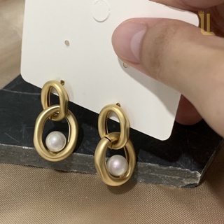 ต่างหูโซ่ ชุบทอง18k ผิวแมท ก้านเงิน925 มุกเทียม Matte Earrings