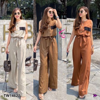 Jumpsuit จั๊มสูทยาว กระดุมจริงด้านหน้า ดีเทลกระเป๋าหลอกช่วงอกแต่งสีดำ