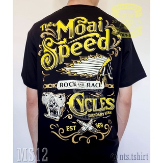 MS 12 Rock and Race เสื้อยืด สีดำ เสื้อไบค์เกอร์ รถแข่ง Moai Speed T-Shirt ผ้าคอตตอน สกรีนลาย S M L XL XXL