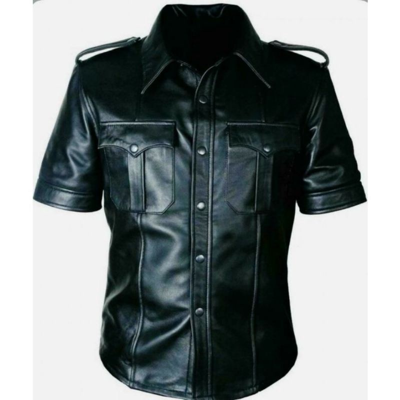 Kemeja Men& 39;s เสื้อแจ็คเก็ตเสื้อแขนสั้นหนังกึ่งลําลอง