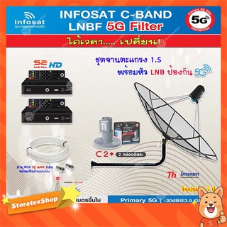 Thaisat C-Band 1.5M (ขางอยึดผนัง 120 cm.) + infosat LNB 2จุด รุ่น C2+ (5G) + PSI S2 HD 2 กล่อง พร้อม สายRG6 30 m.x2