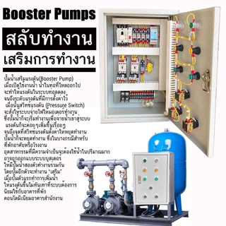 Booster Pump 220V ปั๊ม 2 ตัว ตู้สลับการทำงาน และเสริมแรงดัน สลับ ปั๊ม 1 เฟส 220V อุปกรณ์ ยี่ห้อ Mitsubishi