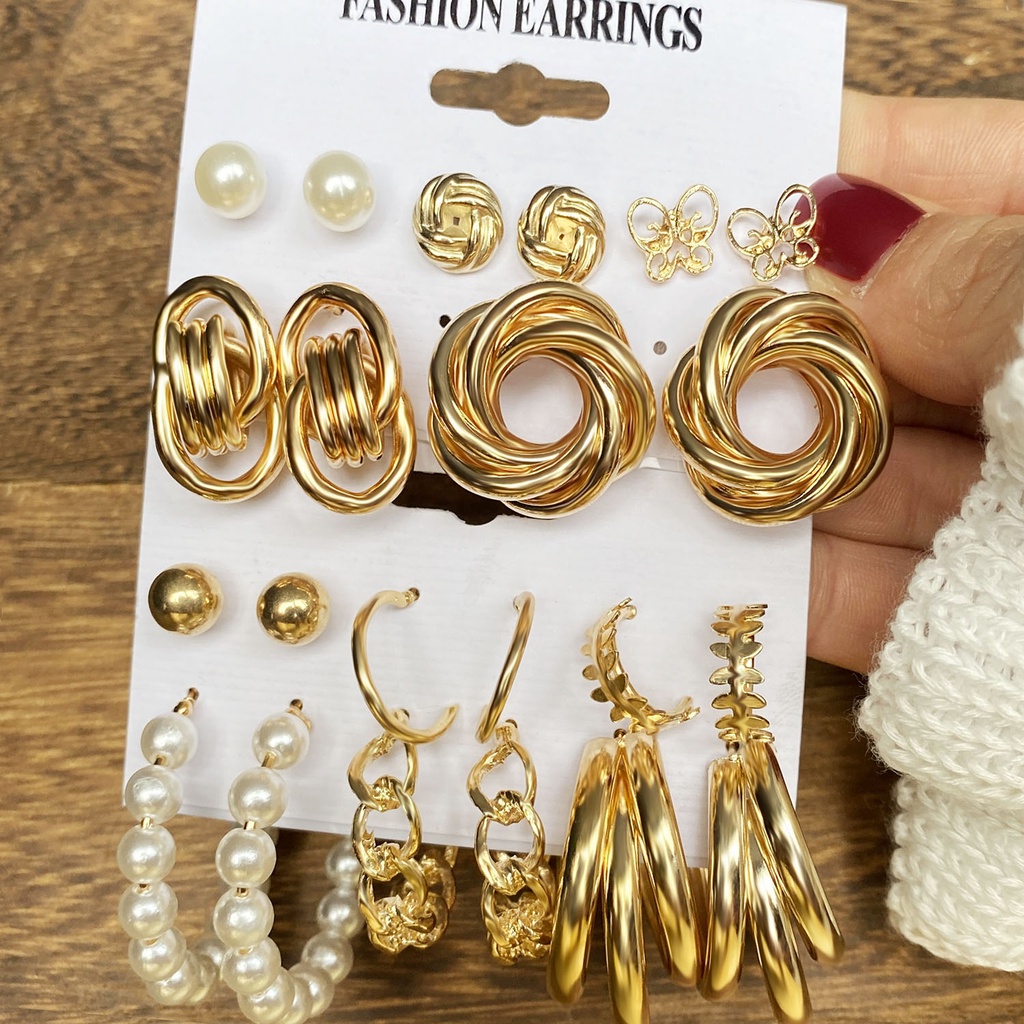 6 คู่ชุดภาษาฝรั่งเศสคํา Golden Geometric Pearl Retro ต่างหูขนาดใหญ่ทุกการแข่งขันสําหรับผู้หญิง
