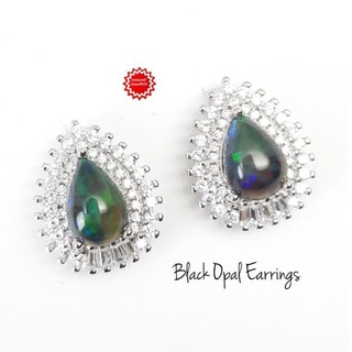 ต่างหู แบล๊คโอปอล Black Opal พลอยแท้ ทรงหยดน้ำ ขนาด 7×9 มม.ตัวเรือนเงิน 925 ชุบทองคำขาว แบบหางกระรอก