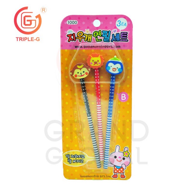 Triple-G pencil ดินสอ ดินสอไม้ ดำ HB หัว ยางลบ แฟนซี ลายสัตว์ น่ารัก 3 แท่ง