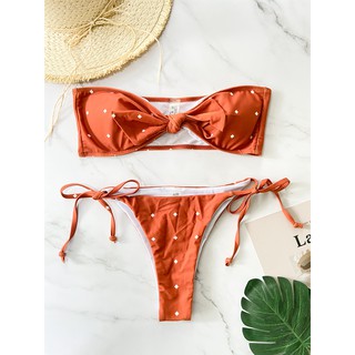 ⁣⁣⁣🔥พร้อมส่ง⁣⁣⁣ 🔥บิกินีเกาะอก Bandeau ผูกโบว์หน้า สีส้มอิฐ ขับผิวมาก| Size S M