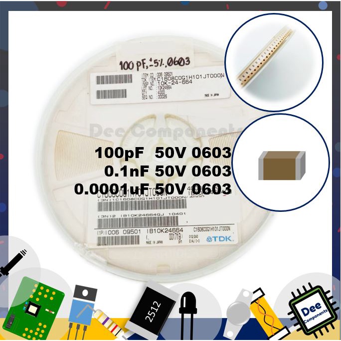 0.0001uF 0.1nF 100pF 0603 ± 5% 50V C0G C1608C0G1H101JT000N TDK 2-A2-18 (1 แพ็ค มี 100 ชิ้น)