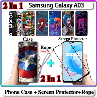 2 IN 1 เคส Samsung Galaxy A03 พร้อมกระจกนิรภัยกันรอยหน้าจอโค้ง เซรามิค LOL และฮีโร่