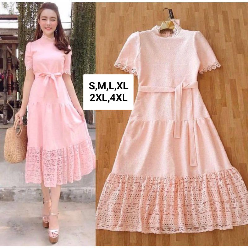เดรสลูกไม้สีชมพูโอรส!!! S-4XL Dress ชุดเพื่อนเจ้าสาว,เดรสสีชมพูโอรสแขนสั้นผ้าลูกไม้ฉลุลาย+สายผูกเอว งานป้าย Love Love