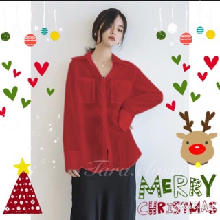 CF016 RED New Chiffon Over Size เสื้อเชิ้ตสีแดง ผ้าชีฟอง ผ้าพริ้ว เบา ใส่สบาย เหมาะสำหรับอากาศเมืองไทย