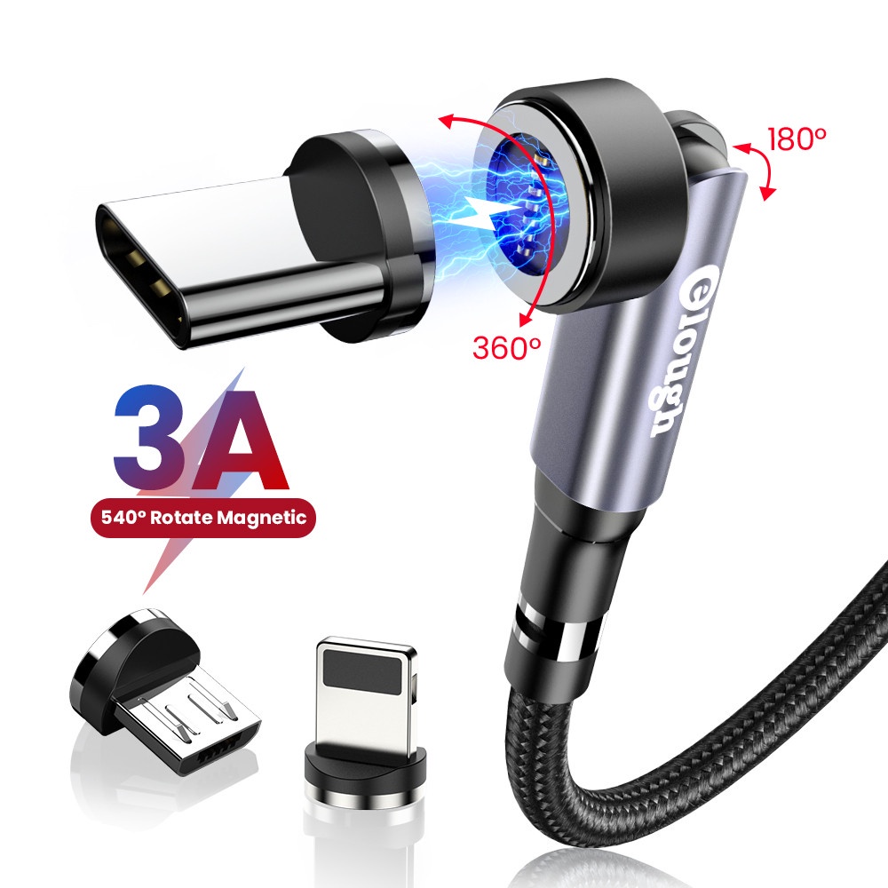 Elough 540° สายชาร์จโทรศัพท์มือถือ หมุนได้ 3A Micro USB Type-C ชาร์จเร็ว