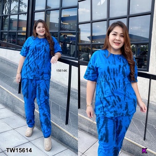 TW15614 Set 2 ชิ้น #Bigsize เสื้อยืดแขนสั้น คอกลมผ้าคอตตอน สกรีนลายมัดย้อม + กางเกงเอวยืดขายาว มีกระเป๋าล้วง 2 ข้าง