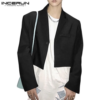 Incerun เสื้อครอปแขนยาวแฟชั่นเกาหลีสีพื้นสําหรับผู้ชาย