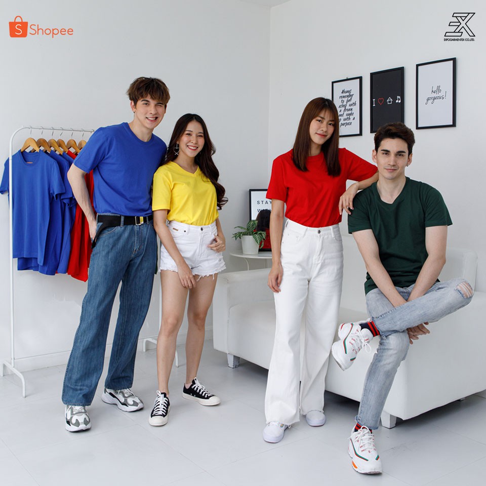 Expogarment เสื้อยืด คอกลมคอวี คอตตอน100% สีพื้น (แดง น้ำเงิน เขียวหัวเป็ด เหลือง) ไร้ตะเข็บข้าง S-2XL หดเกิน3%คืนเงิน