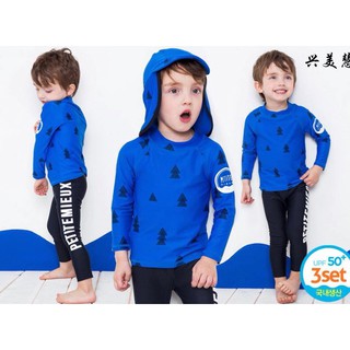 ชุดว่ายน้ำ เซ็ตเสื้อแขนยาวสีน้ำเงิน+กางเกง+หมวก