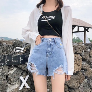 กางเกงยีนส์ขาสั้น กางเกงยีนส์ ไซส์ S-XXL ปักลายดอกเดซี่ แฟชั่นสไตล์เกาหลี แต่งปลายขาด กางเกงขาสั้น กางเกงยีนส์ผญ