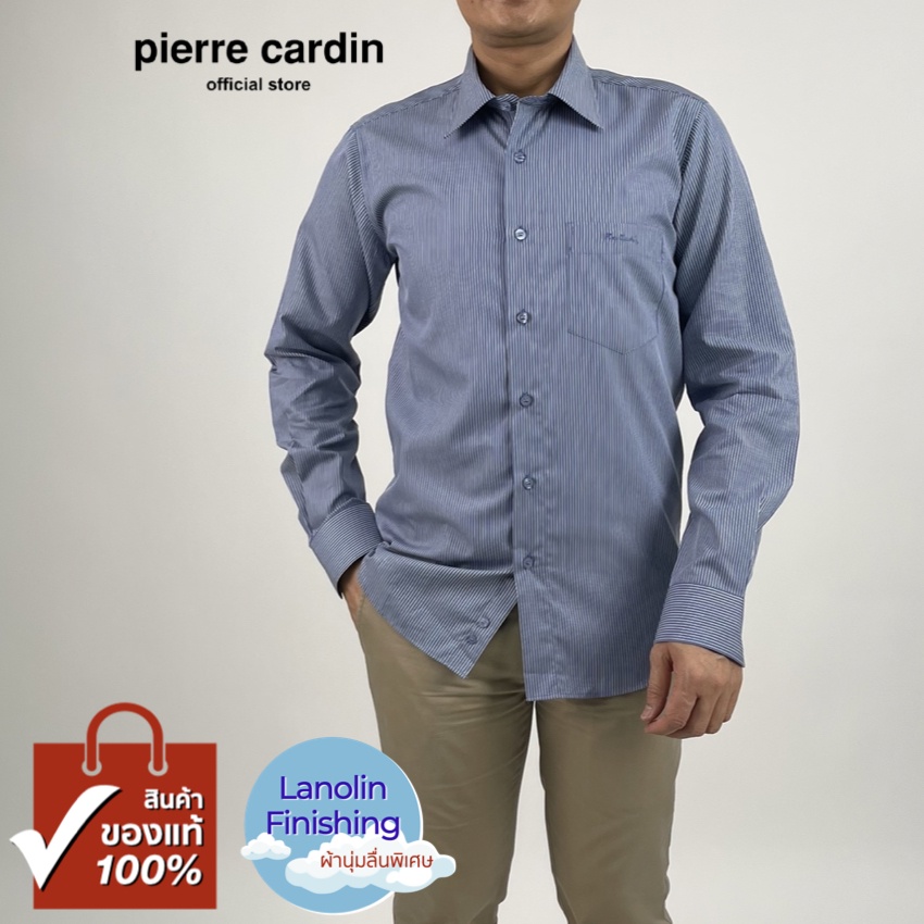 Pierre Cardin เสื้อเชิ้ตแขนยาว Lanolin Finish ผ้านุ่มลื่นพิเศษ Slim Fit รุ่นมีกระเป๋า ผ้า Cotton 100% [RHT474F-NV]
