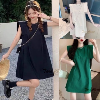 IT059 TARA Dress ชุดมินิเดรสคอกลม แต่งแขนระบาย ทรงโอเวอร์ไซร์ เนื้อผ้าไหมอิตาลี ผ้าดี ใส่สบาย ไม่ร้อน