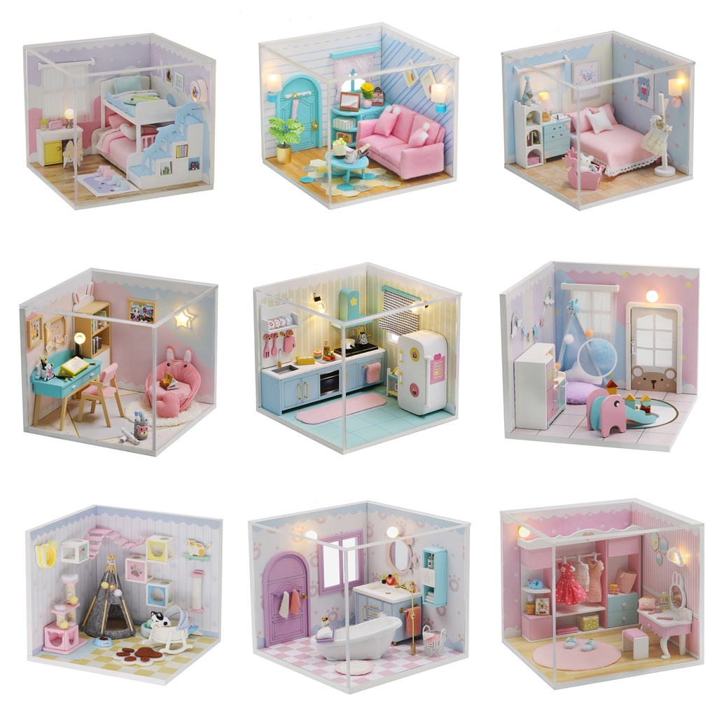 พร้อมส่ง บ้านตุ๊กตา DIY สินค้าใหม่ Nine in one series มีฝาครอบกันฝุ่น