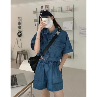 Cicishop(0890) JeansSet เซตเสื้อเชิ้ตครอป+กางเกงขาสั้น ผ้ายีนส์จับคู่แมตช์สุดคิ้วท์ สไตล์สายเกา