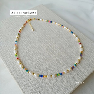 สร้อยไข่มุกแท้ x สร้อยคอลูกปัด Rainbow Necklace ลูกปัดหลากสี สร้อยไปทะเล สร้อยสายฝอ Tinypearlxoxo N1327