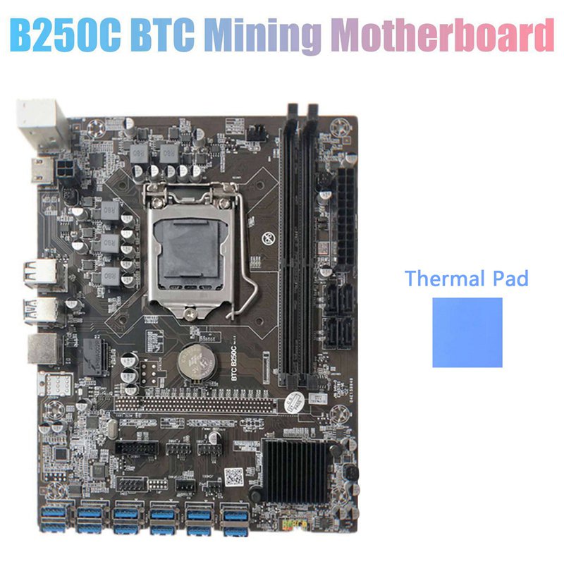 B250C Miner Motherboard+Thermal Pad 12 PCIE to USB3.0 Graphics Card Slot LGA1151 Support DDR4 DImm R