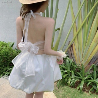 ฤดูร้อน 2021 ใหม่แฟชั่นตาข่ายโบว์เซ็กซี่ backless เอวสายด้านบนชุดกระโปรงดอกไม้ female