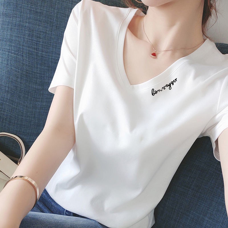 เสื้อยืดแขนสั้น คอวี ทรงหลวม ขนาดใหญ่ สีขาว แฟชั่นฤดูร้อน สไตล์เกาหลี สําหรับผู้หญิง 2022