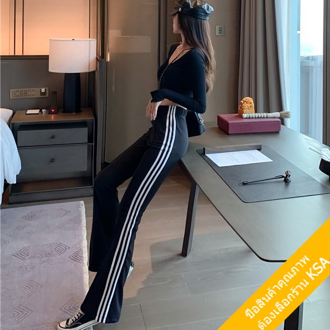 KSA พร้อมส่ง กางเกงขาม้าเอวสูงผู้หญิง เอวสูงยางยืด สไตล์เกาหลี  กางเกงขายาวผู้หญิงใส่สบาย สีดำ กีฬาขากว้าง  ทรงหลวม xxl - รูปที่ 5