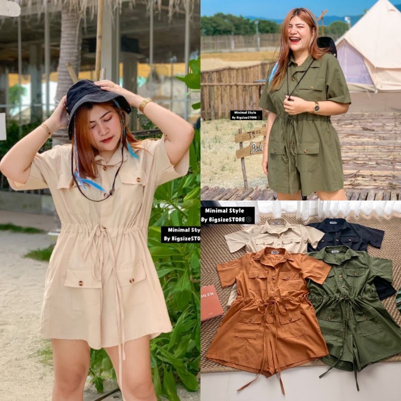 จั้มสูทขายาวสีพื้น ชุดเที่ยวทะเล จั๊มสูทขาสั้น ไซส์ใหญ่​ สไตล์แค้มปิ้ง ใส่เที่ยวป่า เดินเขา สาวอวบ เ