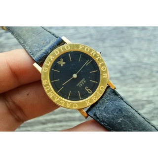 นาฬิกา Vintage มือสองญี่ปุ่น GLADIO FORTION ระบบ Quartz UNISEX ทรงกลม กรอบทอง หน้าดำ หน้าปัด 31mm