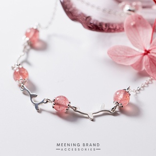 MeeningBrand ❥ สร้อยข้อมือเงิน STRAWBERRY QUARTZ LEAF [01-0021]