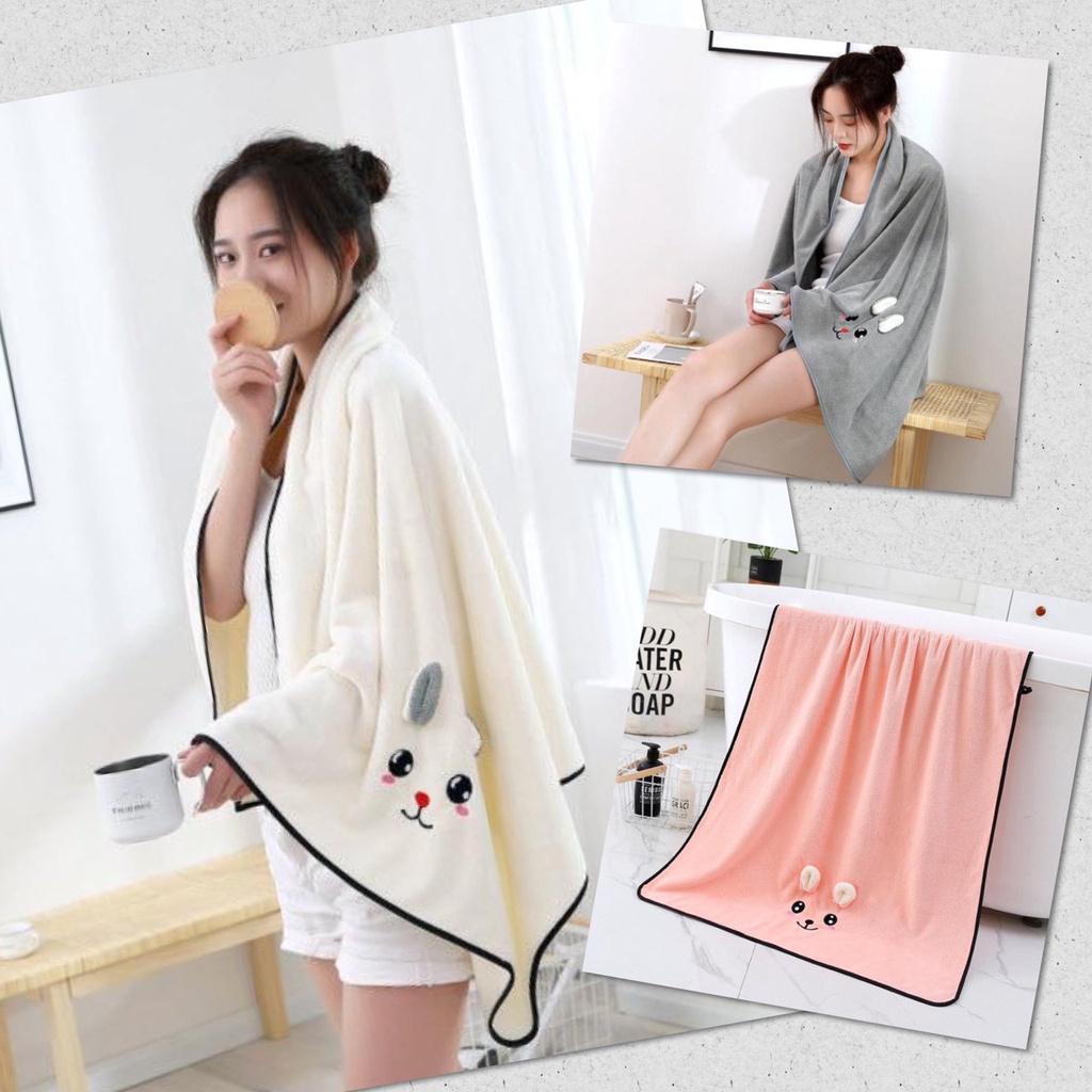 ผ้าเช็ดตัว หูหมี ยิ้มน่ารัก ผ้าขนหนู ผืนใหญ่ 70x140 ซม. นุ่มฟู ผ้นาโน สีพื้น เกรด A พรีเมี่ยม