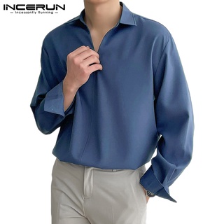 Incerun เสื้อเชิ้ตแฟชั่นสําหรับผู้ชายแขนยาวคอปกสีพื้น